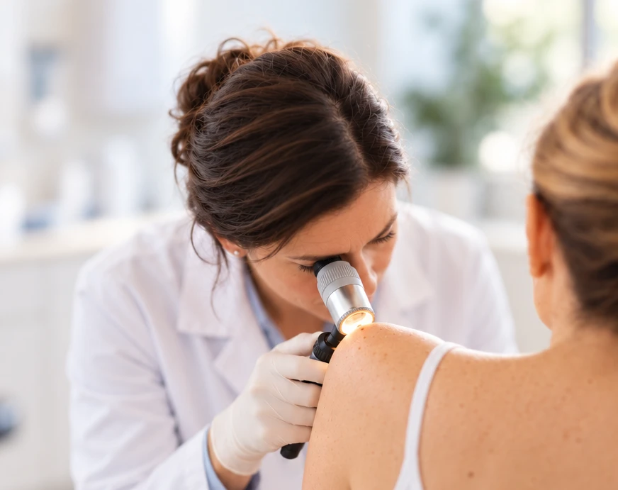Ärztin untersucht die Haut einer Patientin mit dem Dermatoskop beim Hautkrebs-Screening